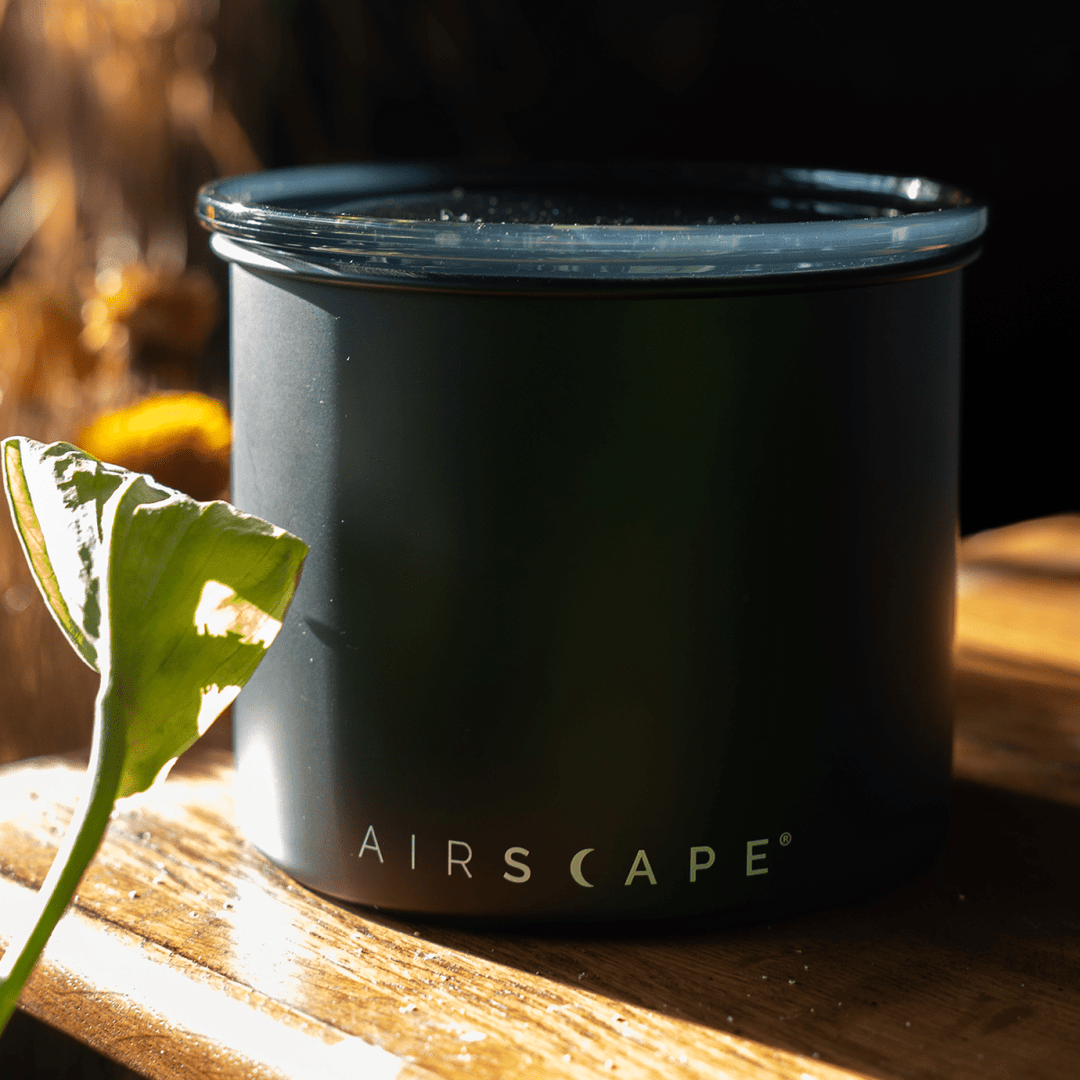 Mat sort Airscape 1800 ml kaffedåse på et træbord