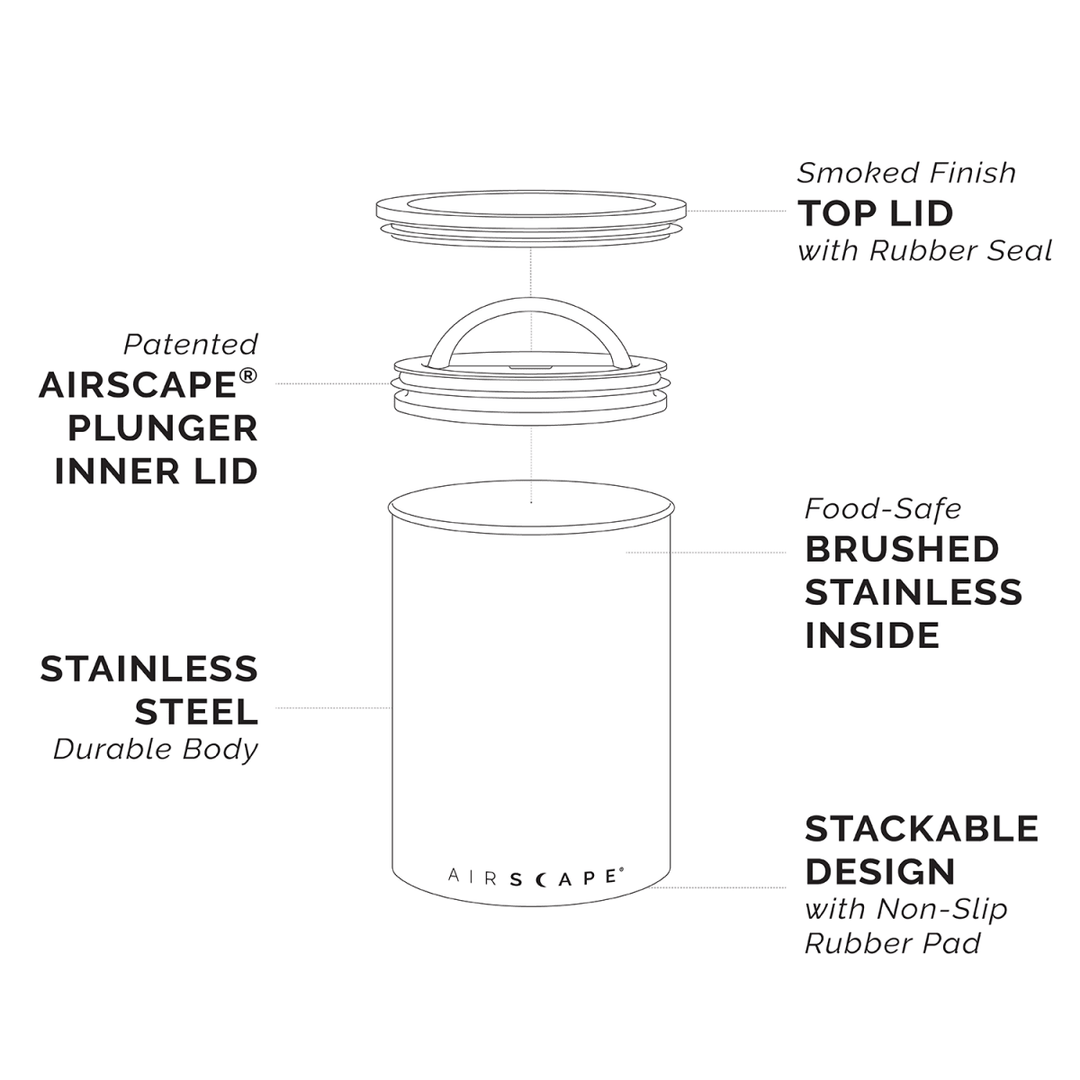 Opbygning af Airscape: inderlåg med ventil, toplåg og stålbeholder