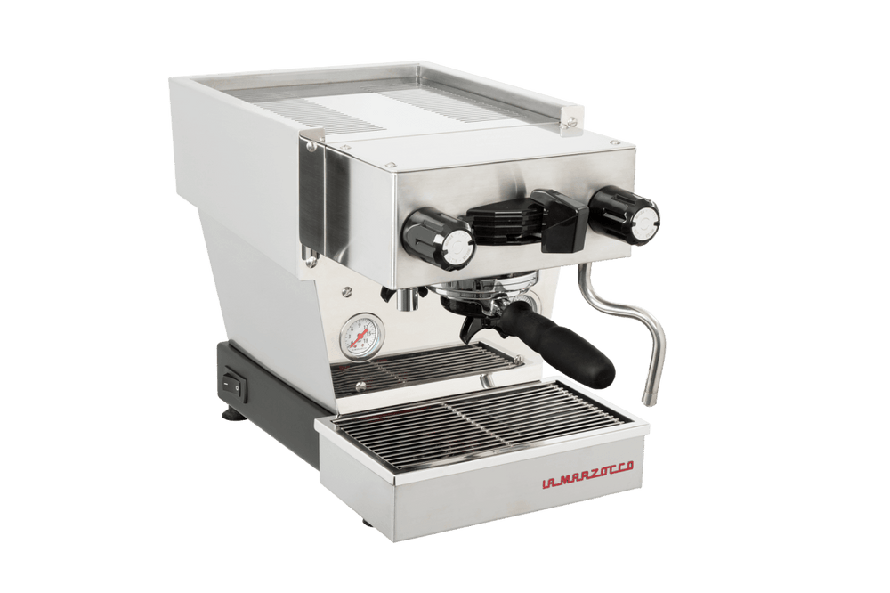 La Marzocco Linea Micra i børstet stål, set skråt forfra