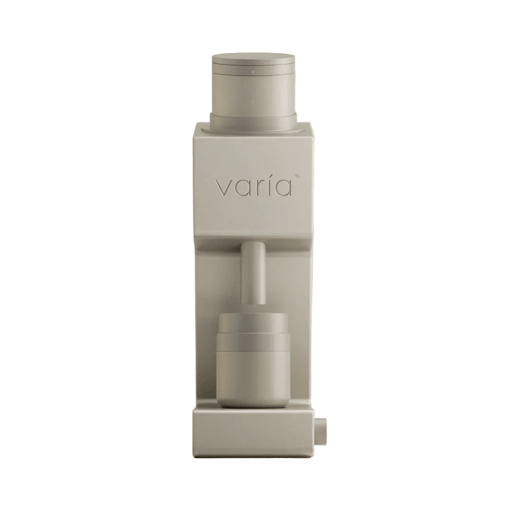 Varia VS4 kaffekværn i sand, ubrugt med åbnet emballage, set forfra