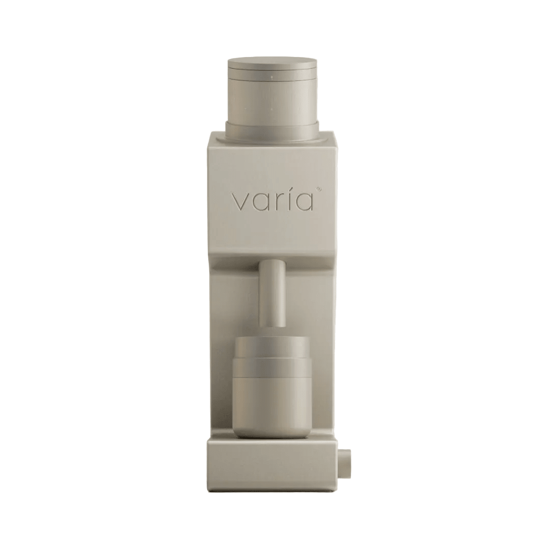 Varia VS4 kaffekværn i sand, ubrugt med åbnet emballage, set forfra