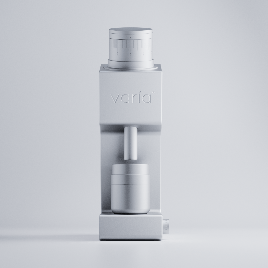 Varia VS4 kaffekværn i sølv, ubrugt med åbnet emballage, set forfra